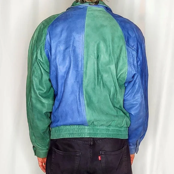 80s color block leather vintage bomber jacket - Picture 3 of 7